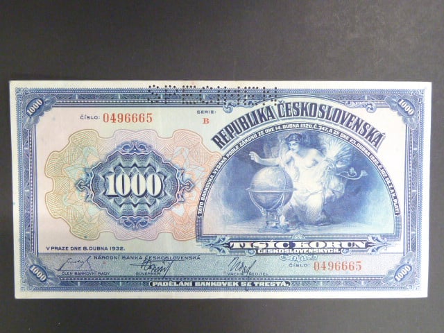 1000 Kč 8.4.1932, serie B, perforace SPECIMEN