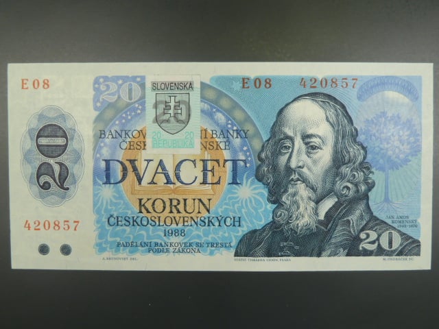 20 Sk/Kčs 1988 s. E 03, kolkovaná, Baj. SK 1, Pi. 15