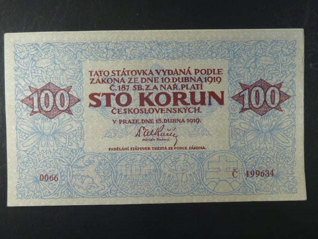 100 Kč 15.4.1919 série 0066, dobový padělek typ 7 "Meszaros", natržená v okraji