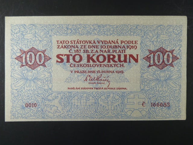 100 Kč 15.4.1919 série 0010, dobový padělek typ 7 "Meszaros"