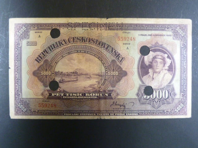 5000 Kč 6.7.1920, s.A, perf. SPECIMEN, 4x skartační otvory