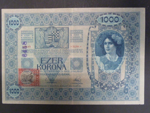 1000 K 2.1.1902, Kolkovaná - padelany kolek s číselným raz. 6458