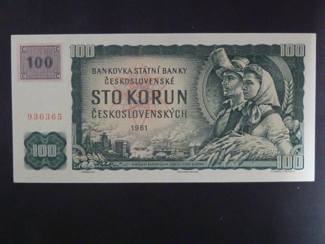 100 Kč 1961 s. X 60 (malá průsvitka) II.vydání, kolek, Baj. CZ 1e, Pi. 1