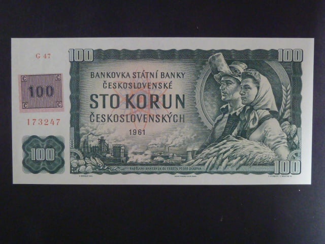 100 Kč 1961 s. G 47 I.vydání, kolek, Baj. CZ 1d, Pi. 1
