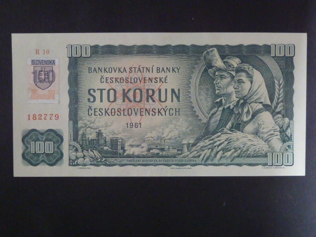 100 Sk/Kčs 1961 s. R 10, kolkovaná, úzký číslovač,  Baj. SK 3b3, Pi. 17