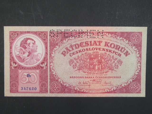 50 Kč 1.10.1929 série Ib, perf. SPECIMEN