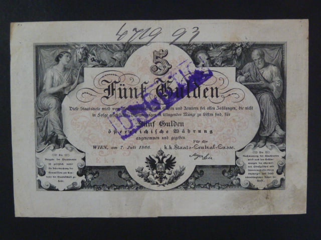 5 Gulden 7.7.1866 série Ek 7, raz. UNGILTIG + číslo tuží, Ri. 139b