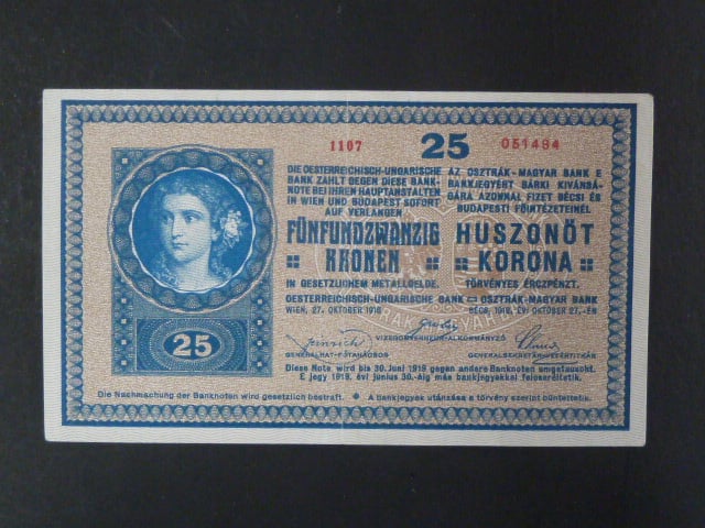25 K 27.10.1918 série 1107, číslice 1 v sérii s patkou