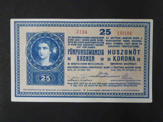 25 K 27.10.1918 série 3124 varianta číslovače "C", s podtiskem na R