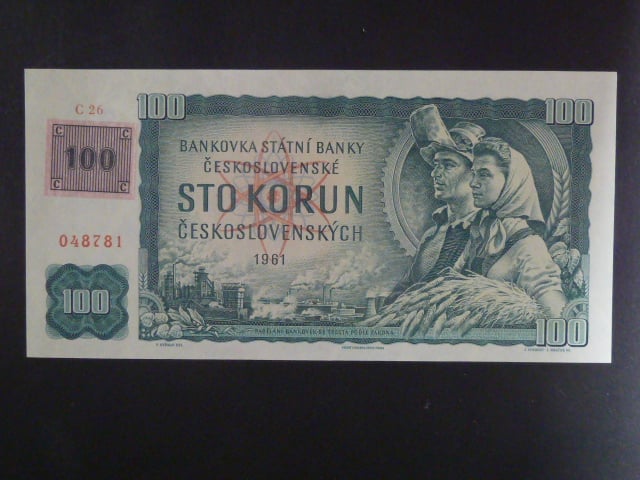 100 Kč 1961 s. C 26, kolek, vodoznaková výztuž na rubu