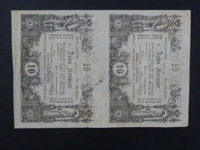 20 Kr (2x 10 Kr) 1.11.1860 série A, svislá dvoupáska, průsvitka KKA"