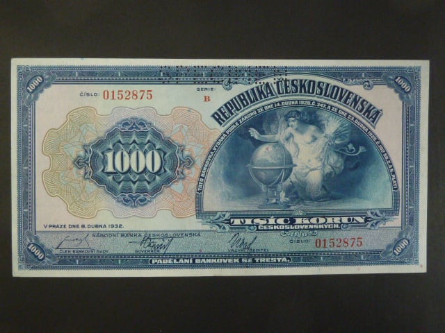 1000 Kč 8.4.1932, serie B, perforace SPECIMEN