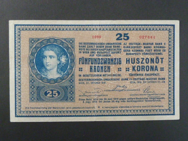25 K 27.10.1918 série 1099, číslice 1 v sérii bez patky