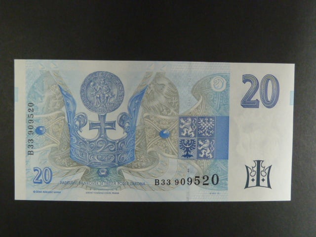 20 Kč 1994 s. B 33 proužek vlevo, Baj. CZ 10b, Pi. 10b