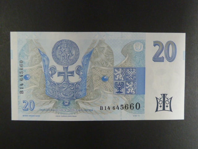 20 Kč 1994 s. B 14 proužek vlevo, Baj. CZ 10b, Pi. 10b