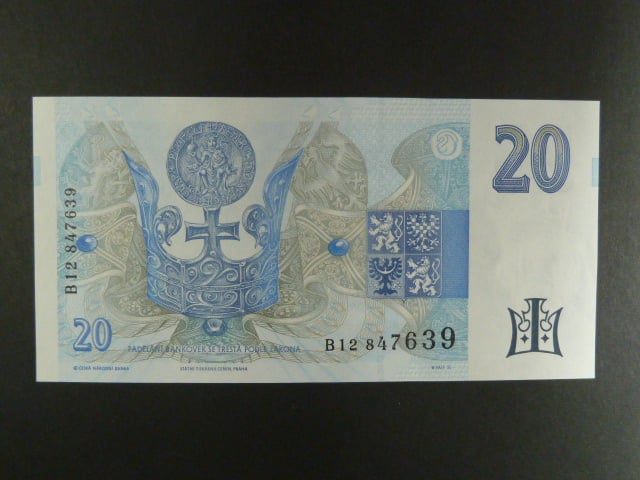 20 Kč 1994 s. B 12 proužek vlevo, Baj. CZ 10b, Pi. 10b