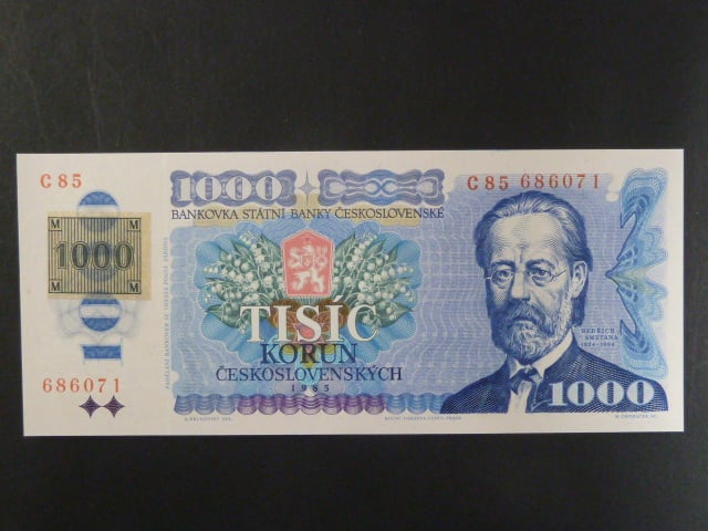 1000 Kč 1985 s. C 85, kolek lepený, Baj. CZ 3a, Pi. 3
