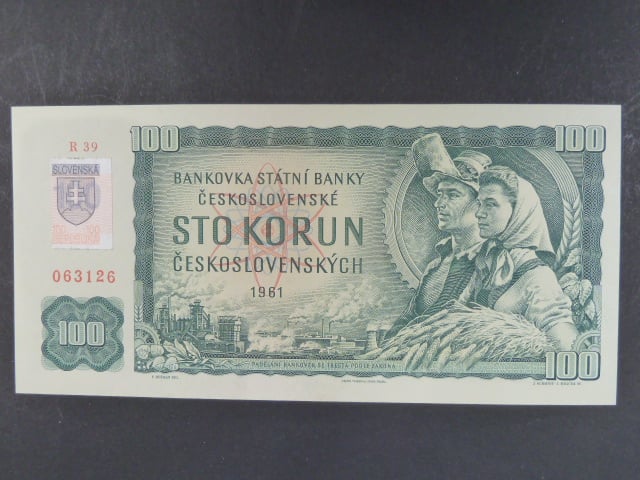100 Sk/Kčs 1961 s. R 18, kolkovaná, úzký číslovač