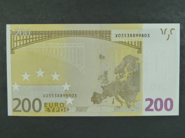 200 Euro 2002 s.X, Německo, podpis Jeana-Clauda Tricheta, E001 tiskárna F. C. Oberthur, Francie
