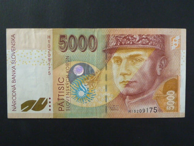 chybotisk - 5000 Sk 10.5.1999 serie H s chybějícím tiskem zlatého bezpečnostního prvku, , Baj. SK 14a, Pi. 33