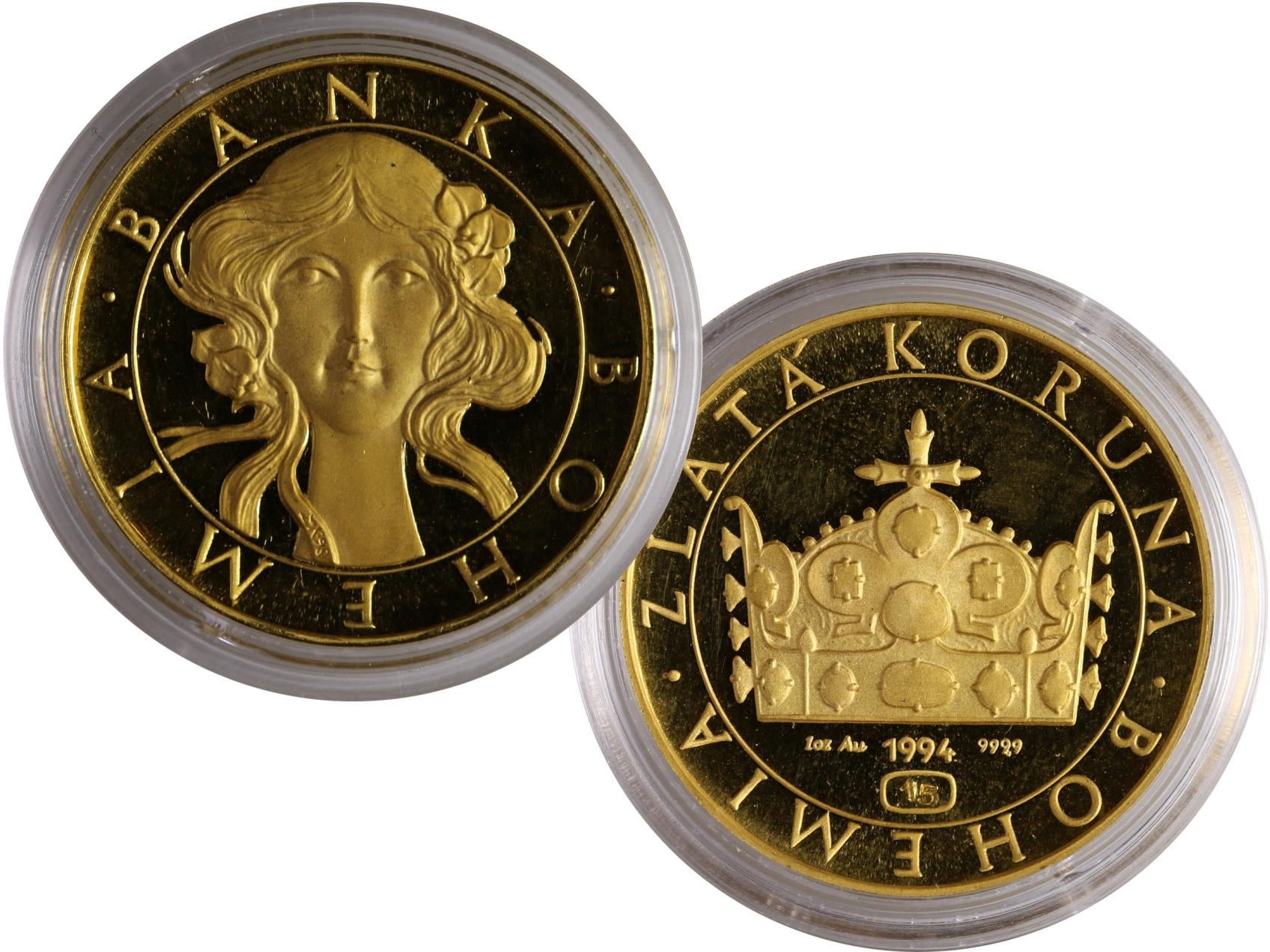 1994, Zlatá koruna, Kozák - banka Bohemia  (1 Unce) 1994 - Dívčí hlava zpředu, opis / král.koruna, písmo, Au 0,999, 29mm, 31.106g, čísl.15