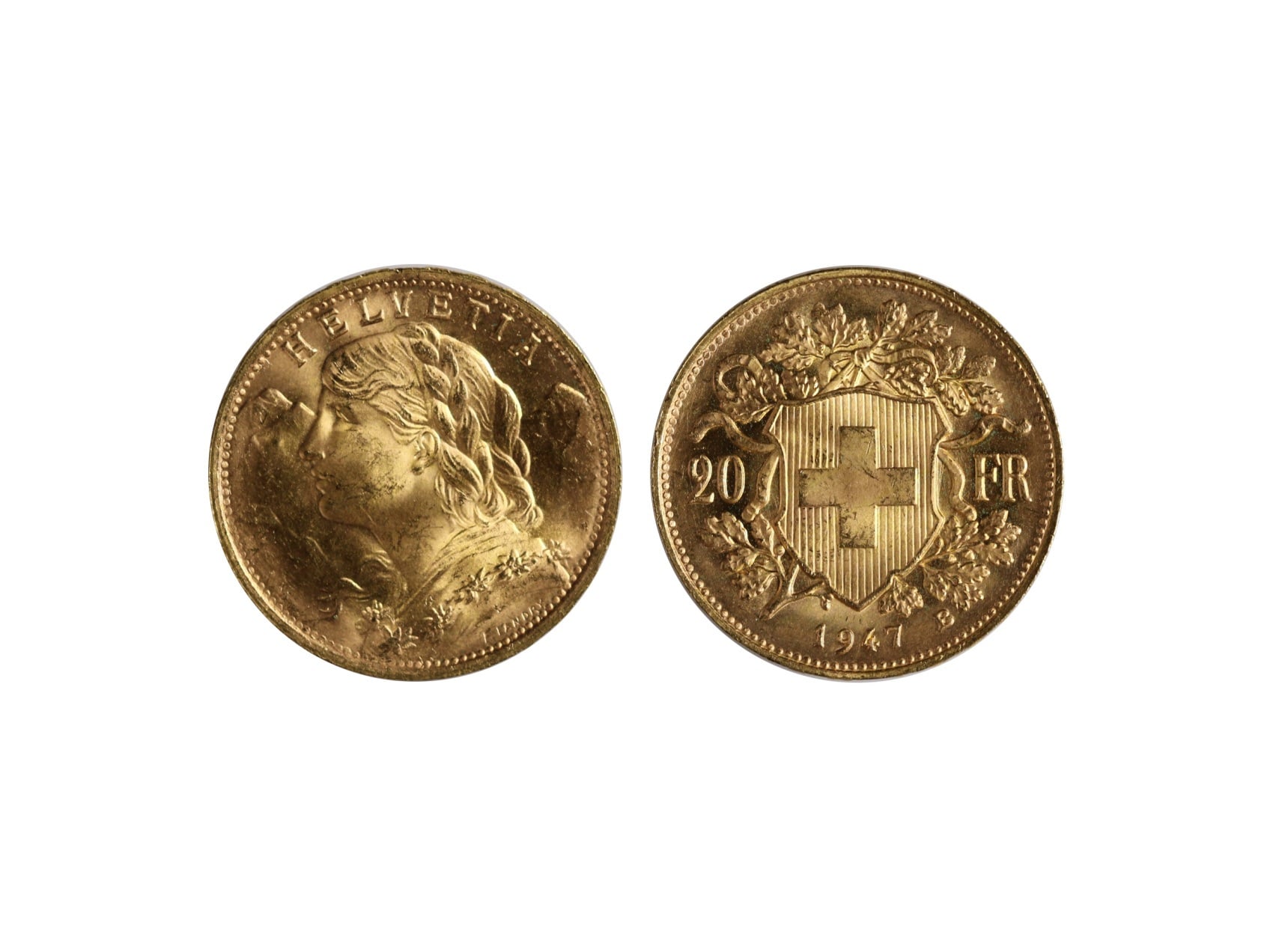 Švýcarsko - 20 Frank 1947 B, 6,451g, Au 0.900