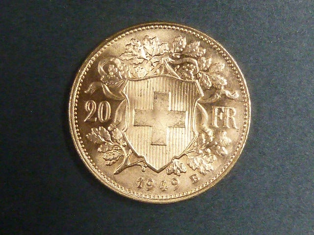Švýcarsko - 20 Frank 1949 B, 6,451g, Au 0.900