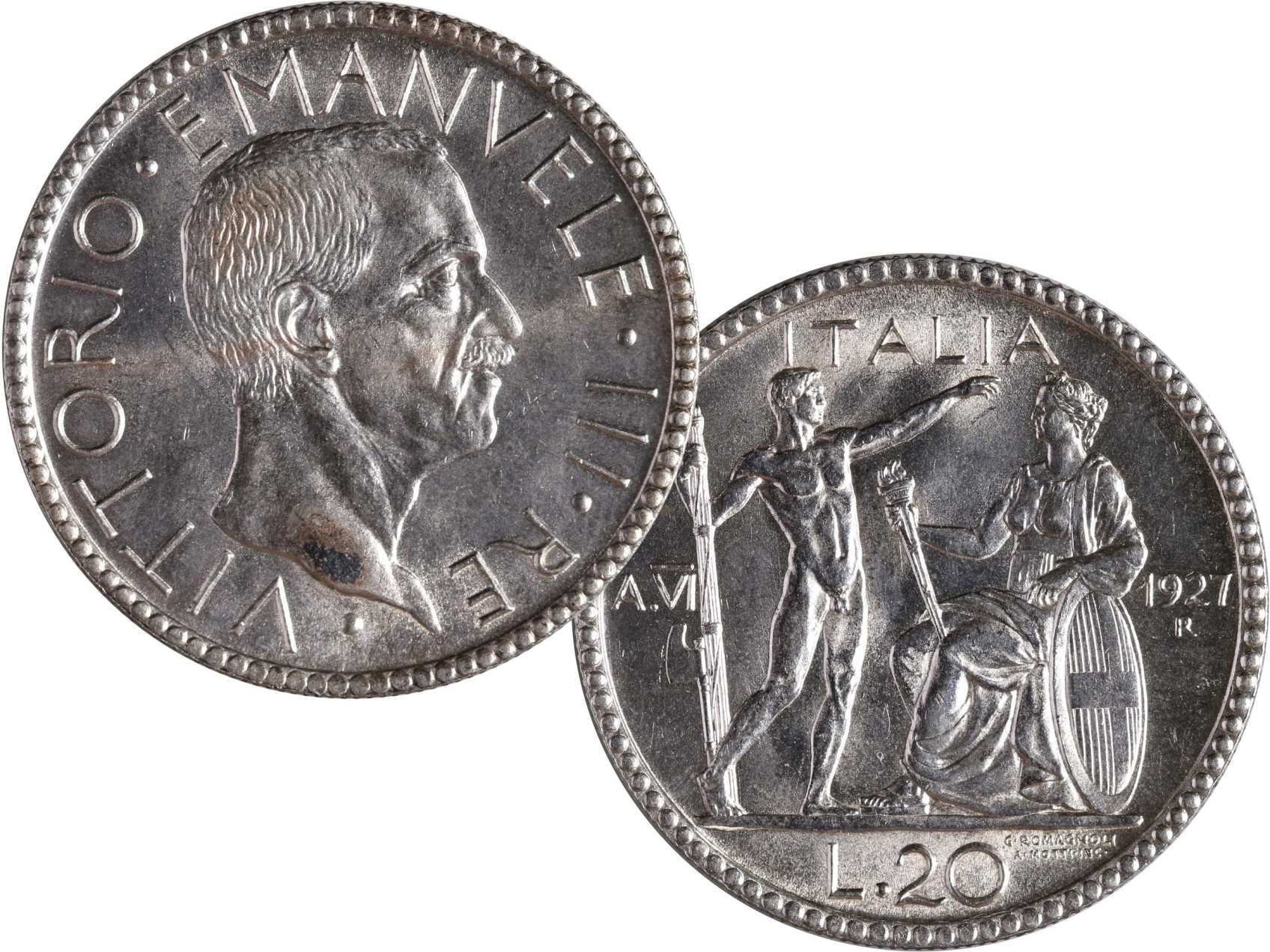 Itálie Vittorio Emanuele III. 1900-1946 - 20 Lir 1927 VI, 15.00 g., Ag 0.800, KM69