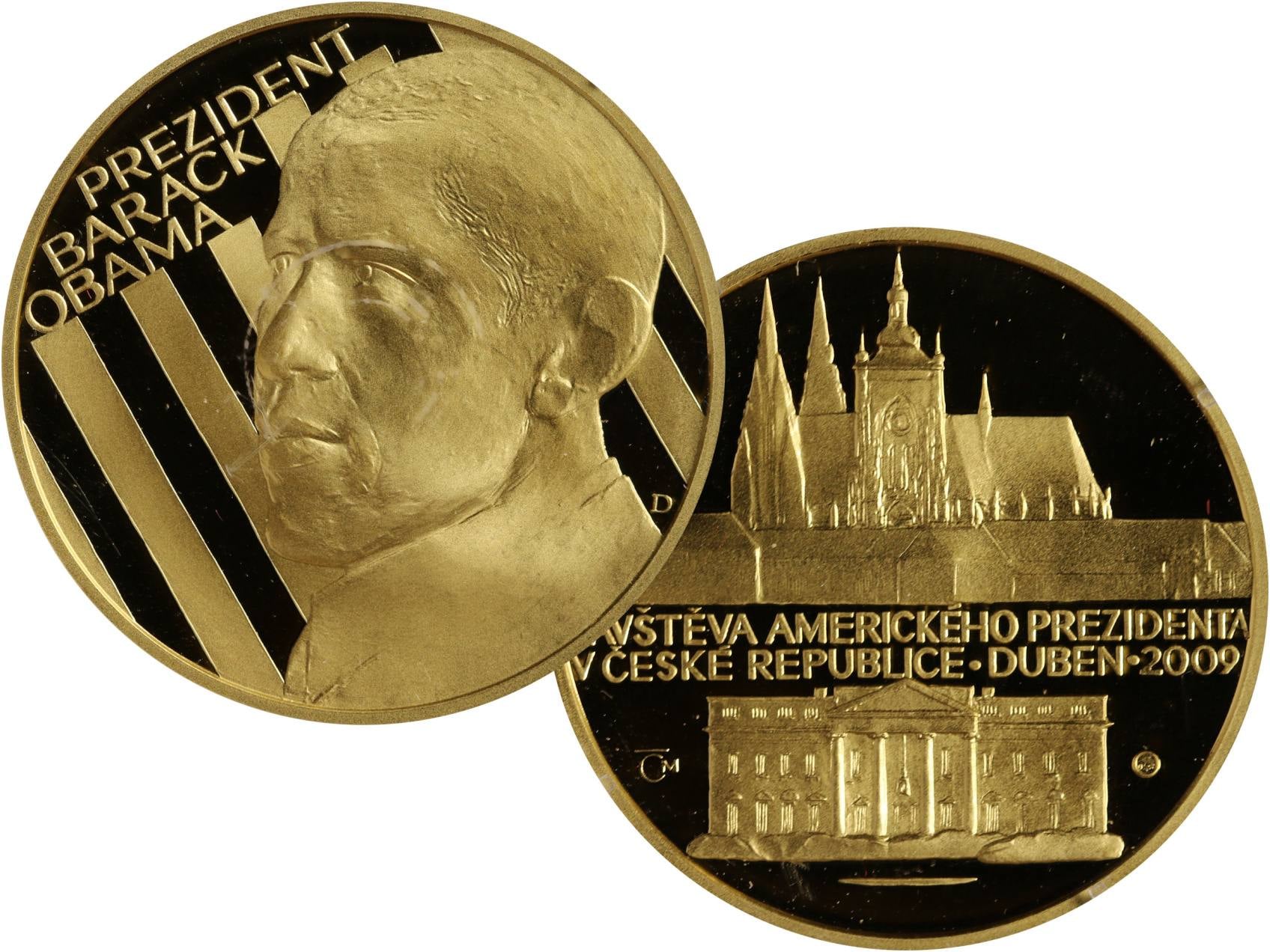 2009, Česká mincovna, zlatá medaile Návštěva Baracka Obamy v ČR, Au 0,999, 31,1g (1 UNZ), průměr 37mm, náklad 500 ks, etue, certifikát