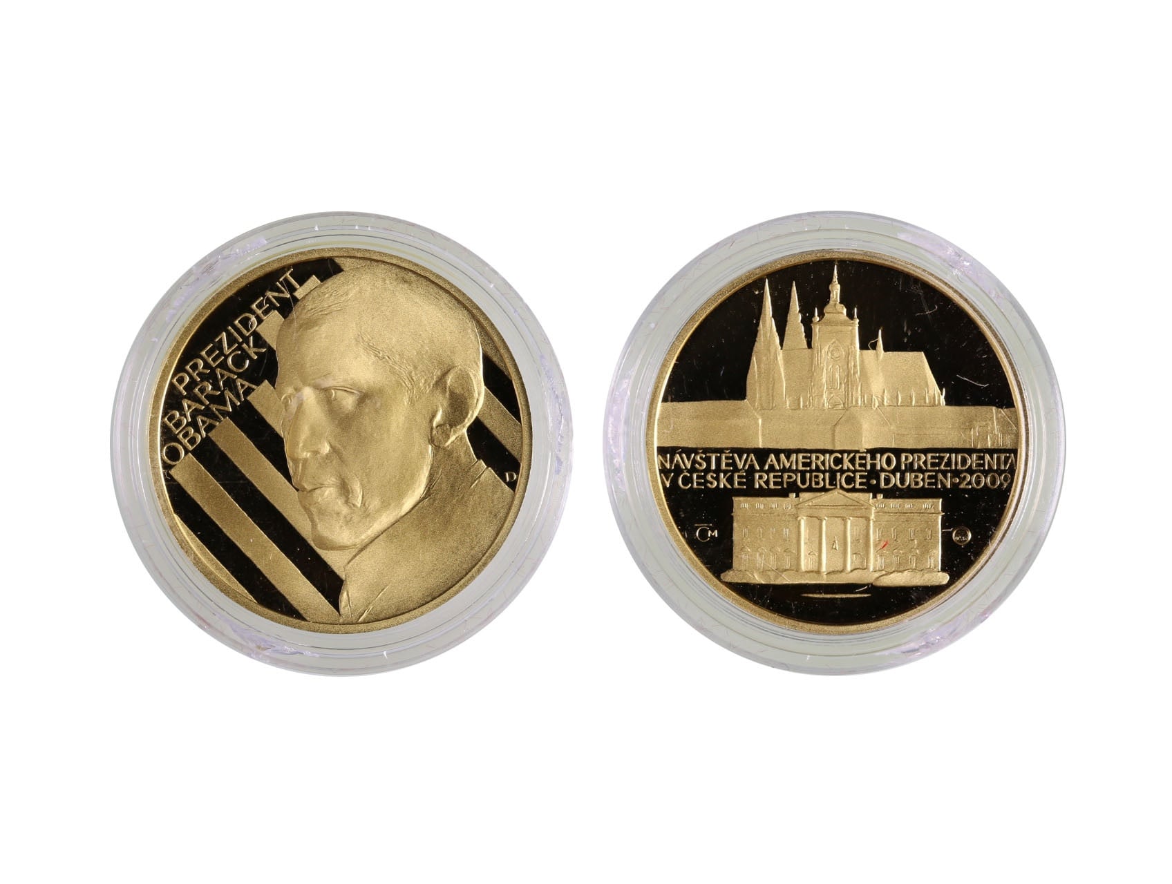2009, Česká mincovna, Jiří Dostál - zlatá medaile návštěva Baracka Obamy v ČR, Au 0,999, 15,56g (1/2 UNZ), průměr 28mm, náklad 2000 ks, etue, certifikát