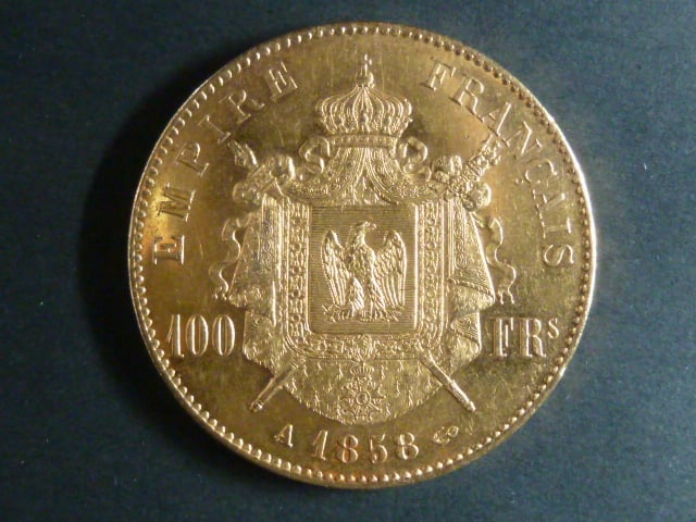 100 Frank 1858 A Napoleon III., Au 900/1000, 32,25 g, průměr 35 mm