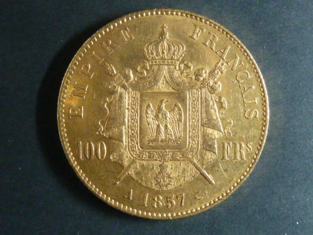 100 Frank 1857 A Napoleon III., Au 900/1000, 32,25 g, průměr 35 mm