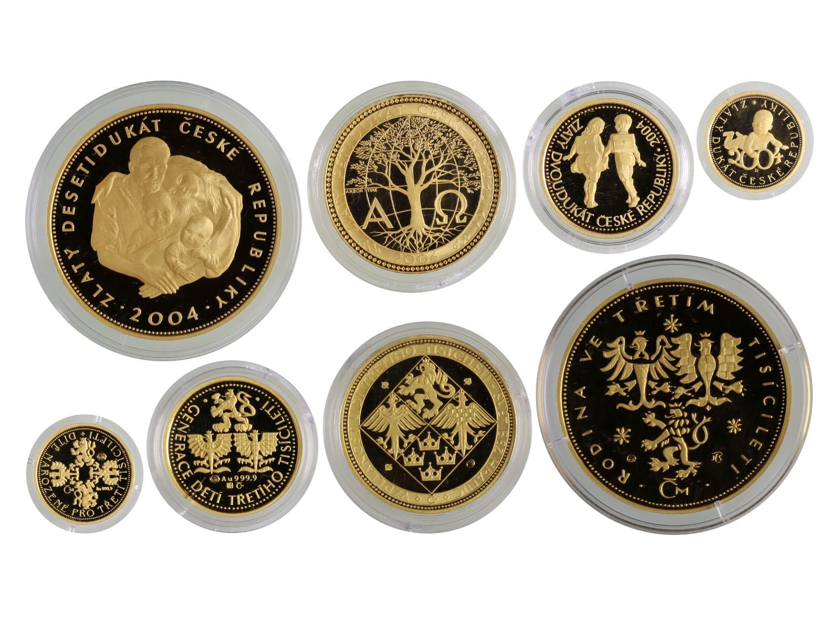 2004, Česká mincovna, zlaté medaile Dukátová řada 1 + 2 + 5 + 10 dukát 2204, Au 0,999, 31,1 +15,56 + 7,78 + 3,11g, náklad 300 ks, etue