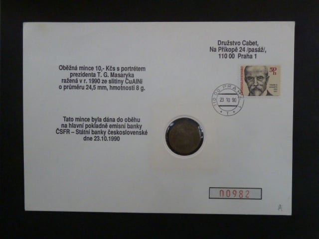10 Kčs 1990, T.G.Masaryk var. iniciál  A