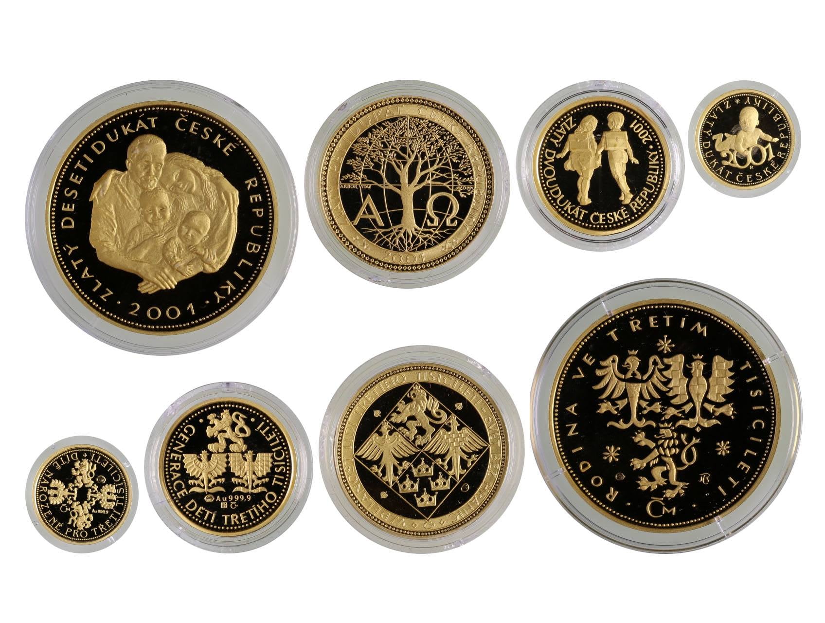 2001, Česká mincovna, zlaté medaile Dukátová řada 1 + 2 + 5 + 10 dukát 2001, Au 0,999, 31,1 +15,56 + 7,78 + 3,11g, náklad 300 ks