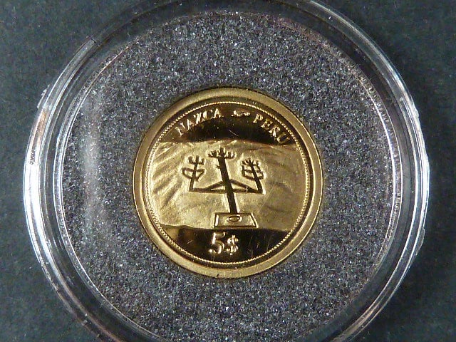 5 Dollars 2006 Nazca, Au 585/1000, 1,25g, průměr 13,92 mm, certifikát