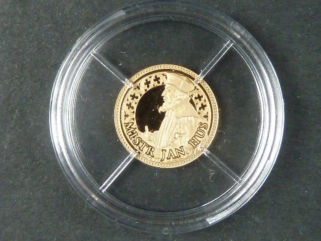 zlatá medaile z cyklu Největší Češi - Mistr Jan Hus, Au 0,585,9, 0,50g, etue