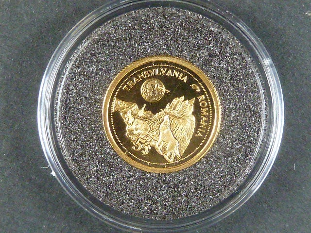 5 Dollars 2006 Transylvania, Au 585/1000, 1,25g, průměr 13,92 mm, certifikát
