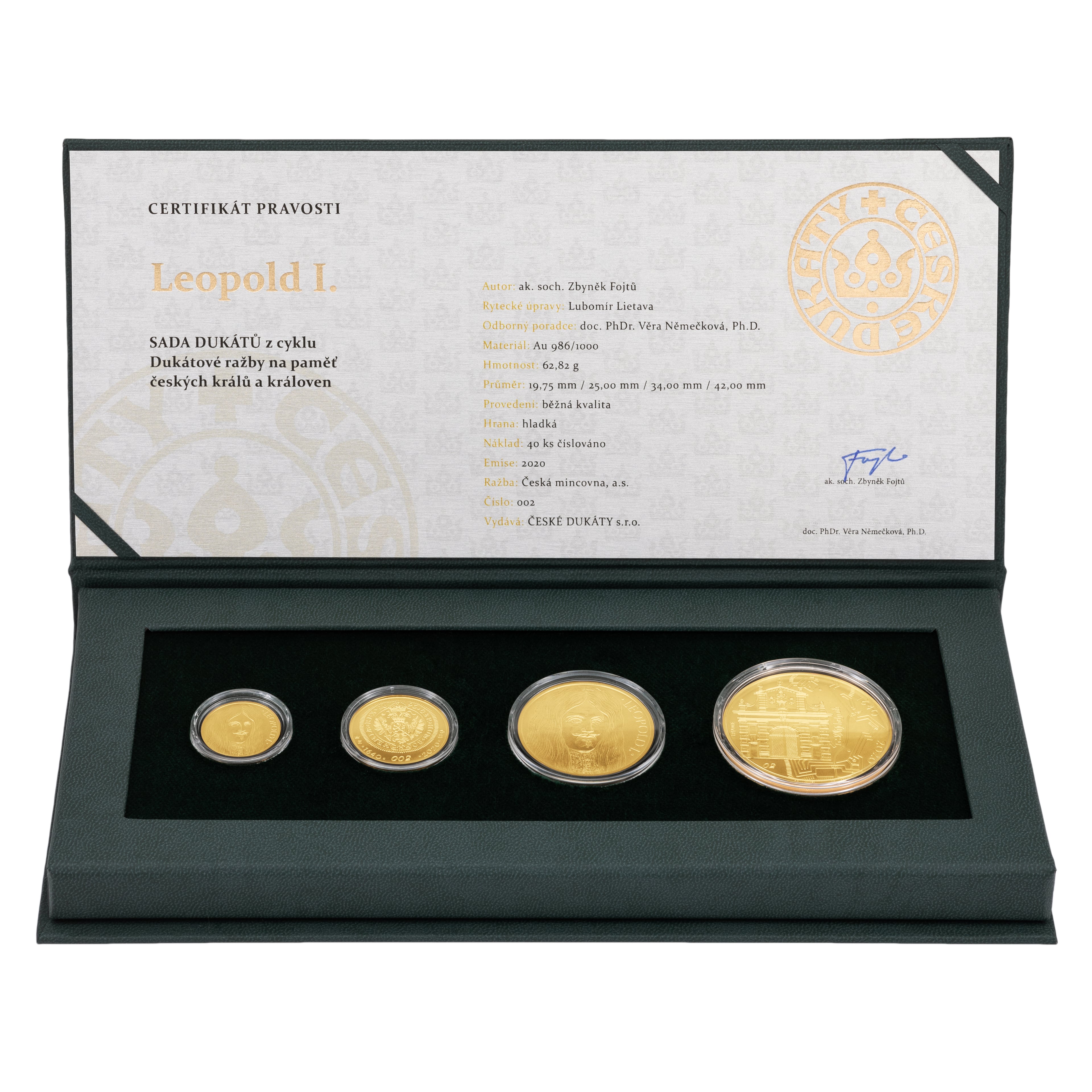 sada 1, 2, 5, 10 DUKÁT Leopold I., Au 986, 62,82 g, číslovaná, náklad 40 ks, ražba 2020, etue, certifikát
