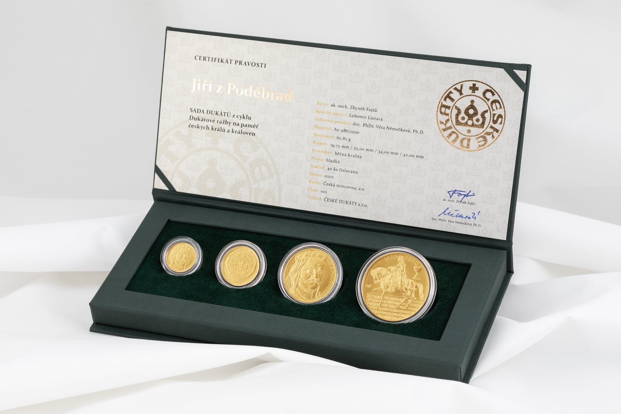 sada 1, 2, 5, 10 DUKÁT Jiří z Poděbrad, Au 986, 62,82 g, číslovaná, náklad 40 ks, ražba 2020, etue, certifikát