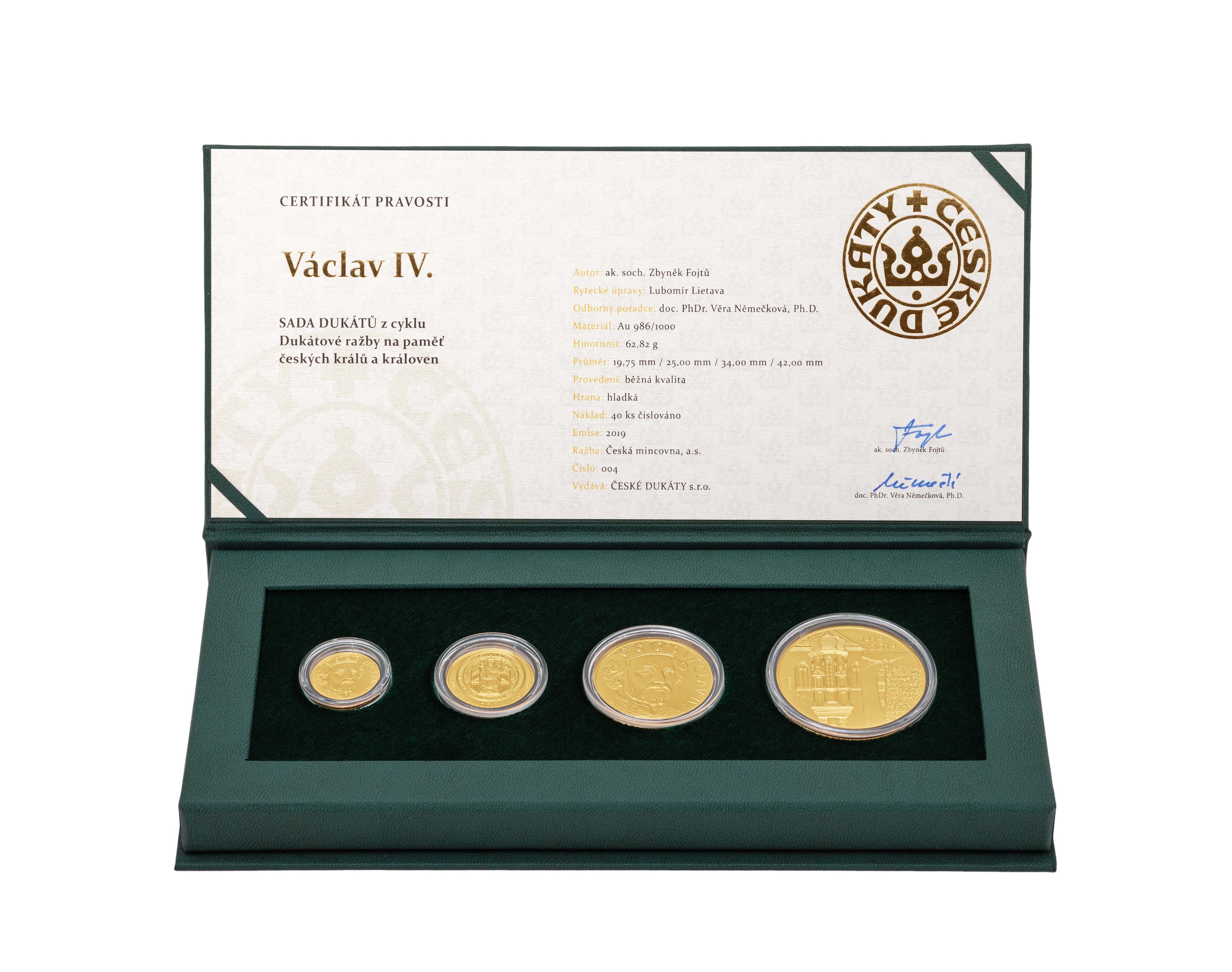 sada 1, 2, 5, 10 DUKÁT Václav IV., Au 986, 62,82 g, číslovaná, náklad 40 ks, ražba 2020, etue, certifikát