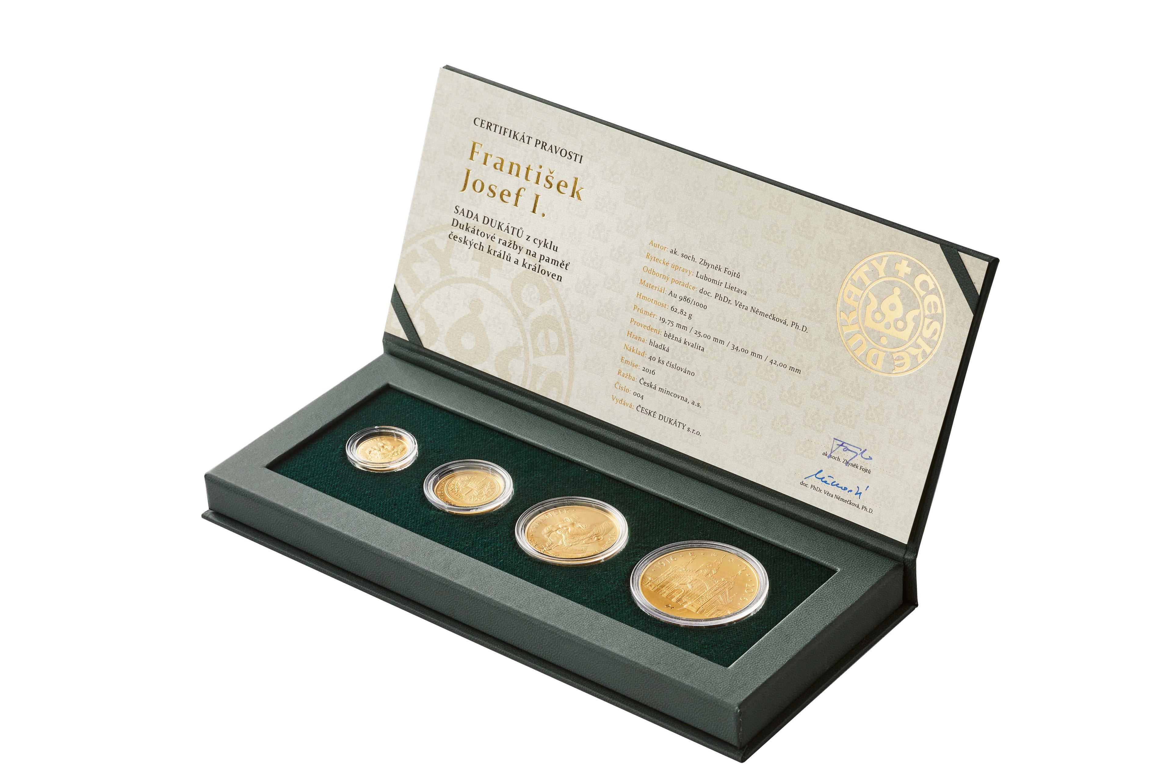 sada 1, 2, 5, 10 DUKÁT František Josef I., Au 986, 62,82 g, číslovaná, náklad 40 ks, číslo 035,  ražba 2020, etue, certifikát