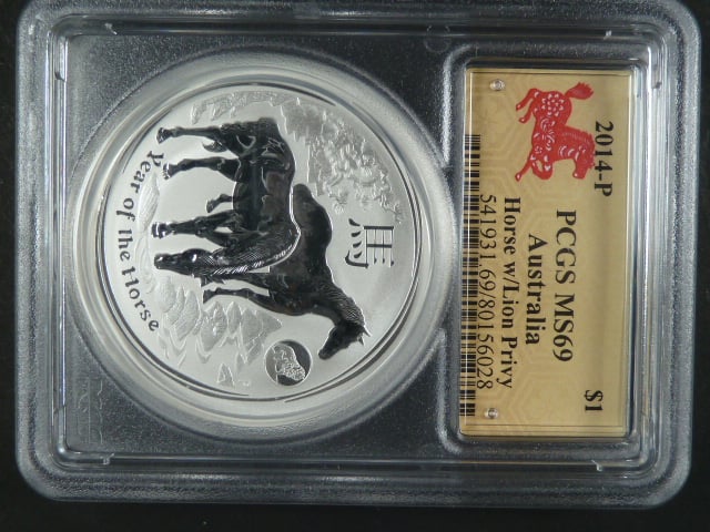 1 Dollars - 1 Oz (31,1050g)  Ag - Rok koně 2014 s kontramarkou lva, kvalita proof, Ag 999/1000, etue, PCGS MS69