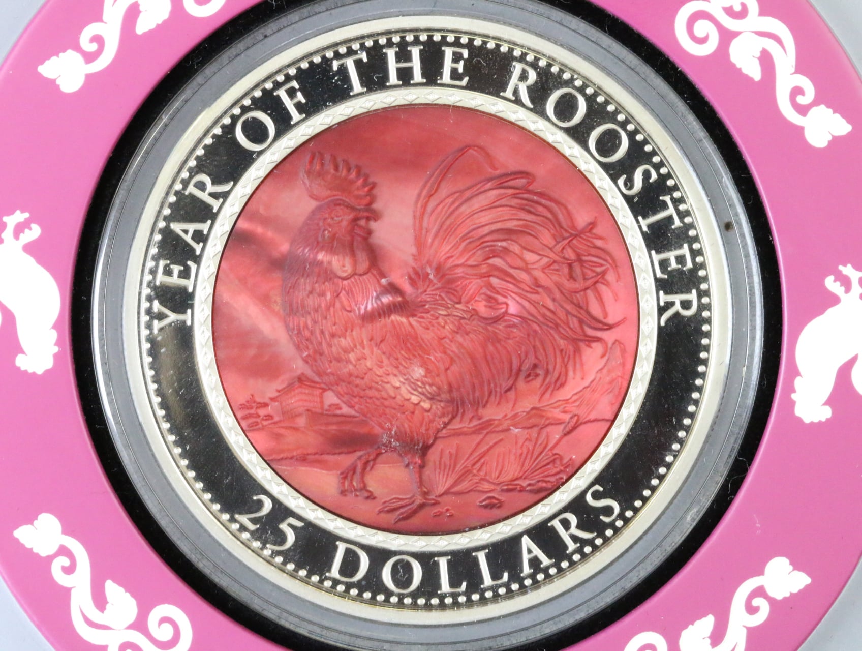 25 Dolarů rok kohouta 2017, 5 oz 0.999 Ag se středem z "Matky perel", etue, certifikát, náklad 888ks_