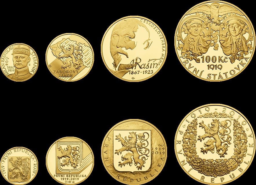 sada 1, 2, 5 a 10 Dukát 2019 kvalita proof, náklad 21 ks + speciální publikace o první republice v roce 1919 se specializací na papírové peníze