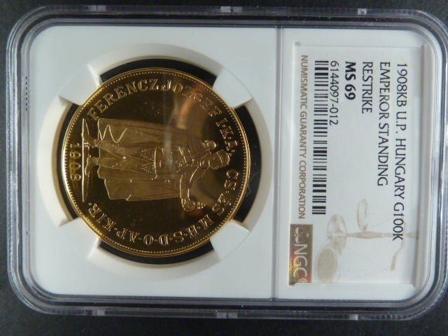 100 Koruna 1908 KB novorazba Kremnice UP, náklad 90 ks, NGC MS 69
