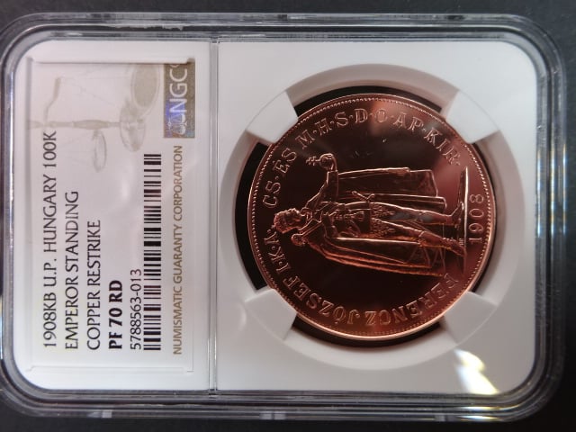100 Koruna 1908 KB Cu odražek novorazba Kremnice UP, náklad 20 ks, NGC PF 70 RD