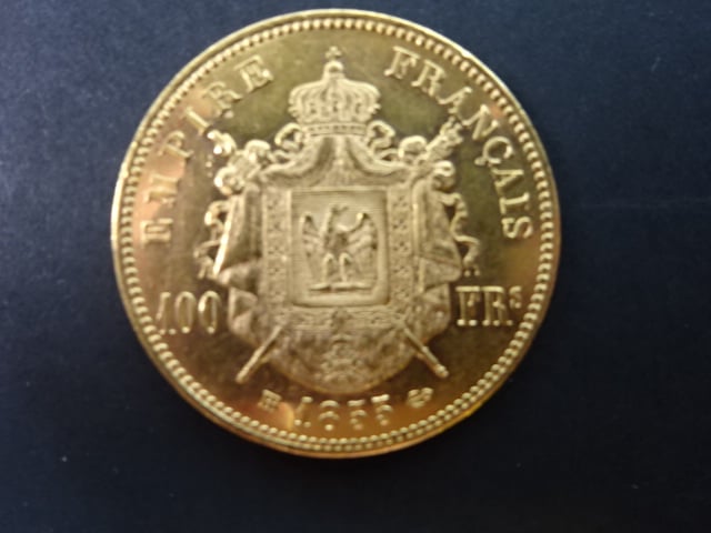 100 Frank 1855 A Napoleon III., Au 900/1000, 32,25 g, průměr 35 mm