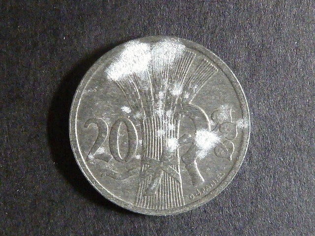 20 Haléř 1921 - zkušební ražba Kremnica, průměr 20 mm, Zn 100 %, 2,79 g, O.Španiel, vzácný, oxidační skvrnky