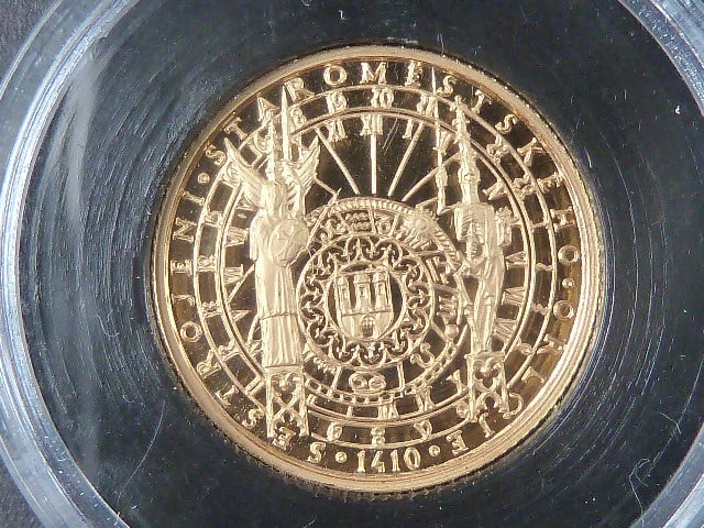 Au Medaile b.l. - V.Oppl Magická Praha - Staroměstský orloj, Au 0,585, 20 mm (2 g), kapsle